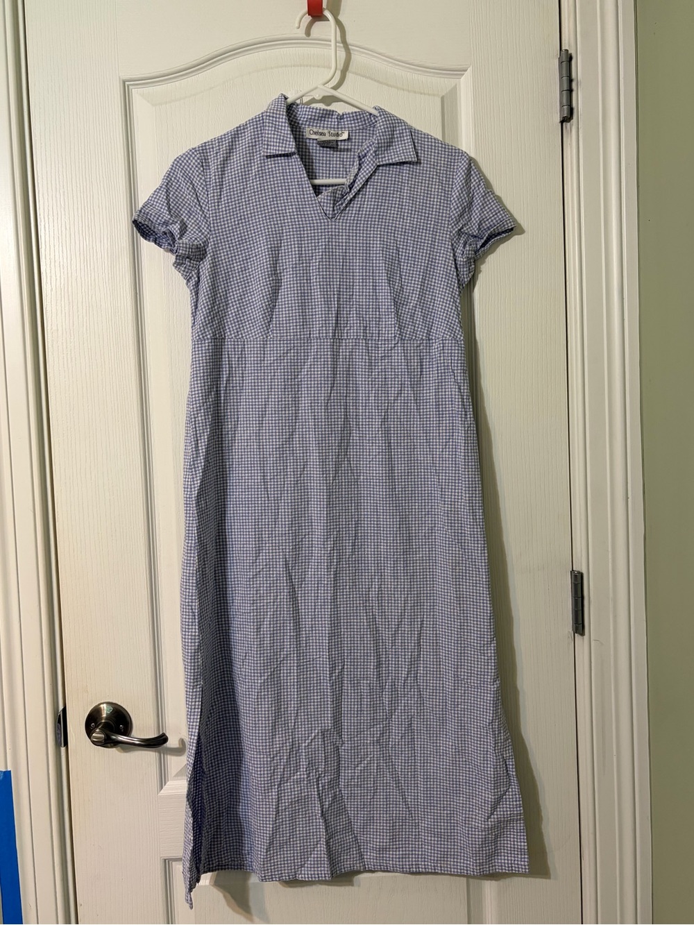 Light Blue Gingham Maxi Dress with Collar